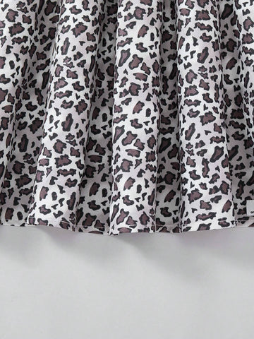 SHEIN Young Girl Cool Casual Leopard Print Ruffle Trim Long Sleeve Dress, Suitable For All Seasons