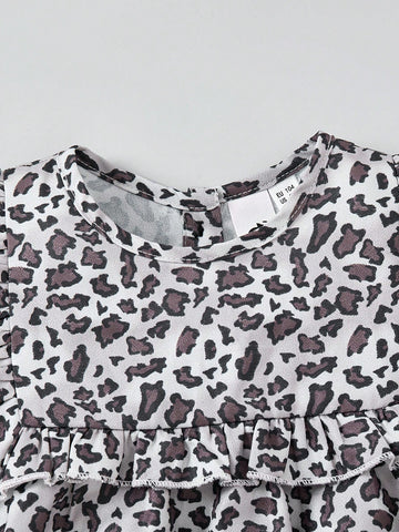 SHEIN Young Girl Cool Casual Leopard Print Ruffle Trim Long Sleeve Dress, Suitable For All Seasons