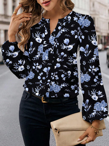 Casual Minimalist Women Floral Rose Print Shirt, Elegant & Chic,