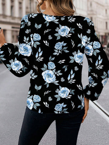 Casual Minimalist Women Floral Rose Print Shirt, Elegant & Chic,