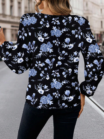 Casual Minimalist Women Floral Rose Print Shirt, Elegant & Chic,
