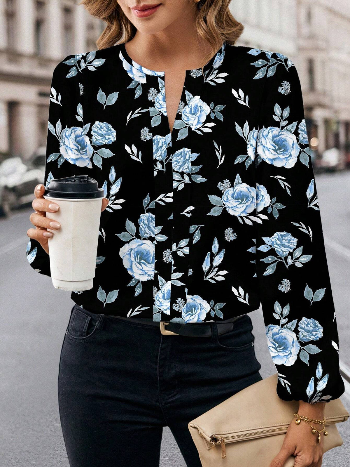 Casual Minimalist Women Floral Rose Print Shirt, Elegant & Chic,
