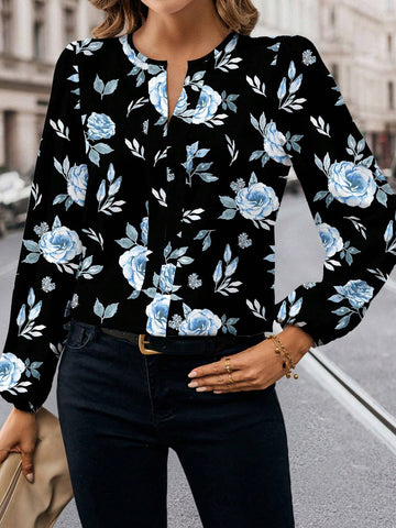 Casual Minimalist Women Floral Rose Print Shirt, Elegant & Chic,