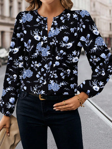 Casual Minimalist Women Floral Rose Print Shirt, Elegant & Chic,