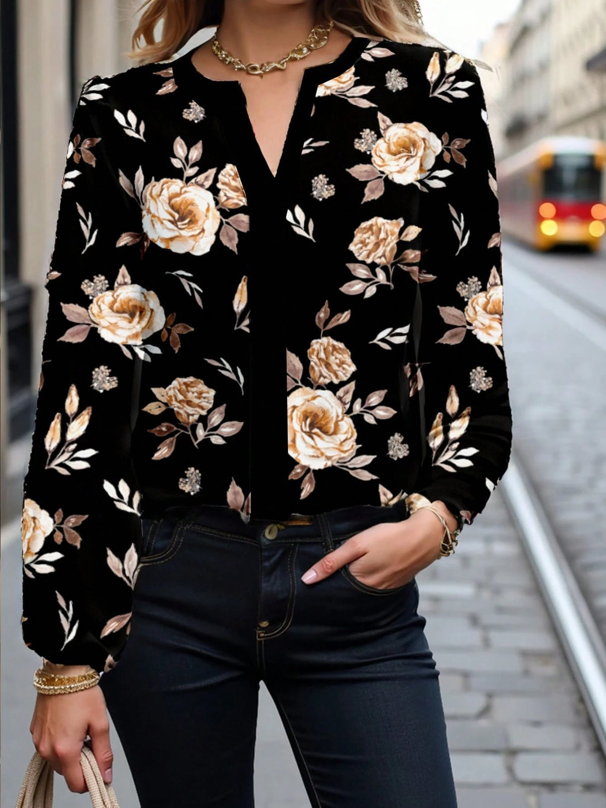 Casual Elegant Rose Floral Print Women's Blouse,