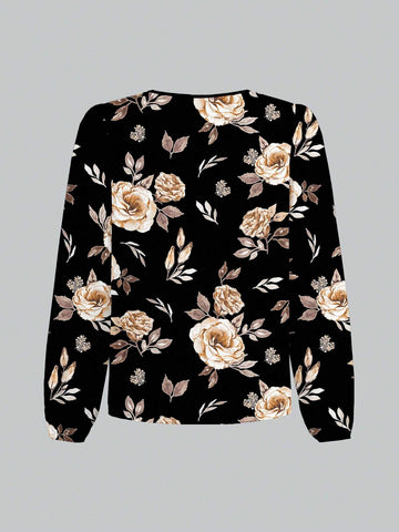 Casual Elegant Rose Floral Print Women's Blouse,
