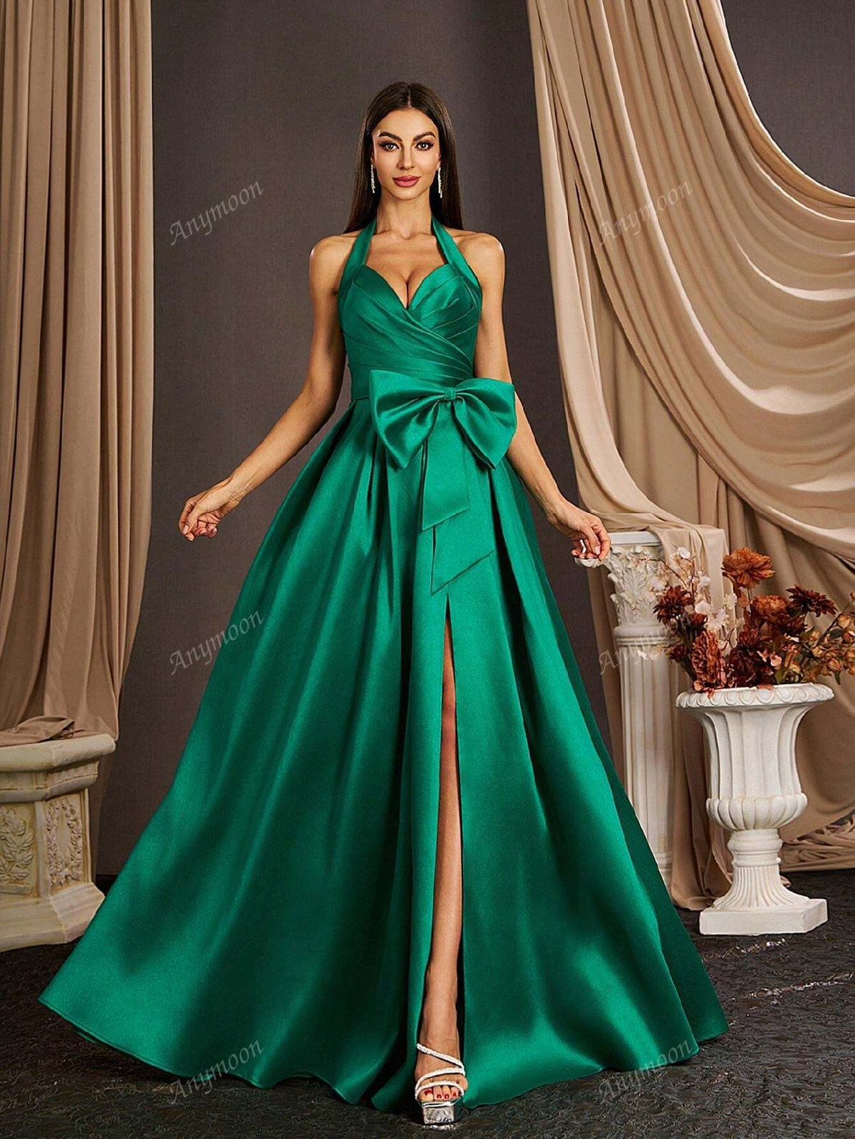 Anmyoon V-Neck Ruffle Strap Long Evening Gown
