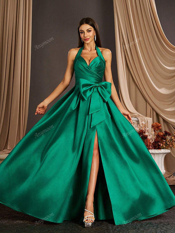 Anmyoon V-Neck Ruffle Strap Long Evening Gown