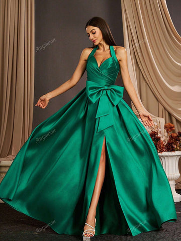 Anmyoon V-Neck Ruffle Strap Long Evening Gown