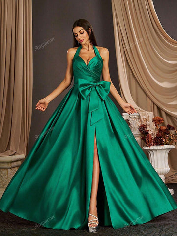 Anmyoon V-Neck Ruffle Strap Long Evening Gown