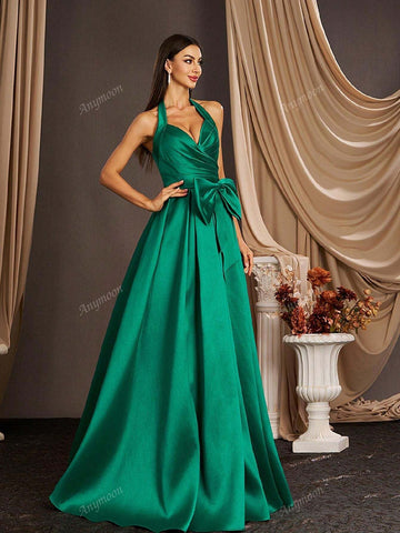 Anmyoon V-Neck Ruffle Strap Long Evening Gown