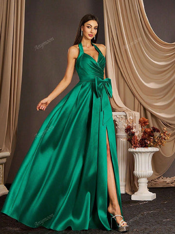 Anmyoon V-Neck Ruffle Strap Long Evening Gown