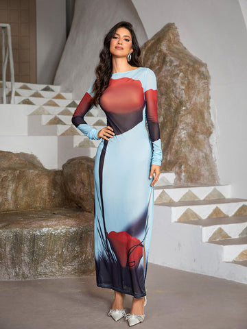 Annelore Long Sleeve Rose Printed Maxi Dress