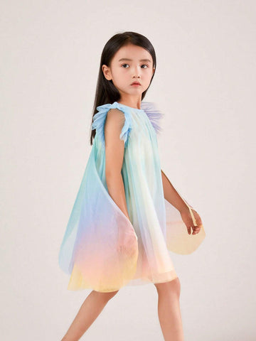 Annil Children's Summer Dream Purple Gradient Short Sleeved Mesh Princess Dress