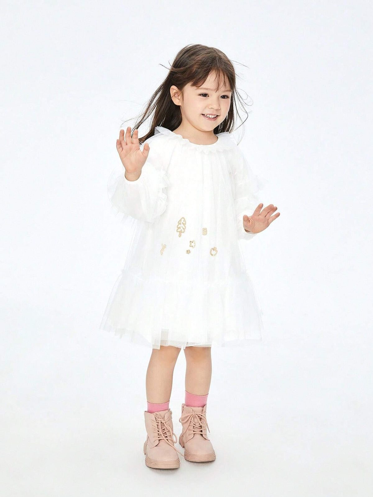 Annil Girls' Spring And Autumn Cute Princess Mesh Dress Long Sleeved Dress