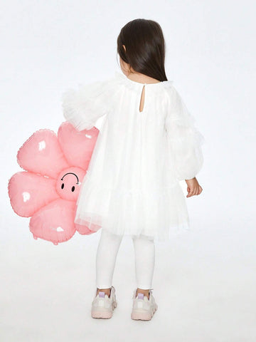 Annil Girls' Spring And Autumn Cute Princess Mesh Dress Long Sleeved Dress