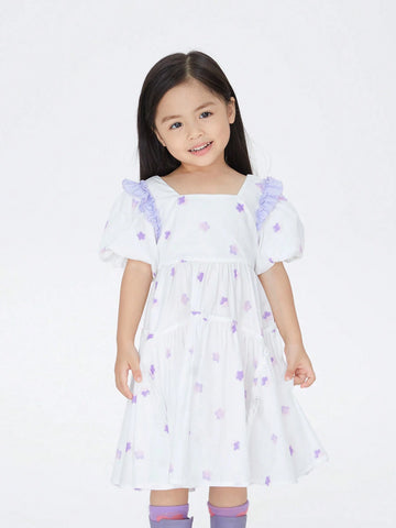 Young Girls Short Sleeved Dress, Summer Casual Square Neck A-Line Dress