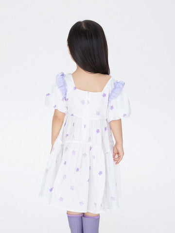Young Girls Short Sleeved Dress, Summer Casual Square Neck A-Line Dress