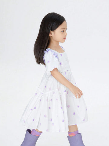 Young Girls Short Sleeved Dress, Summer Casual Square Neck A-Line Dress