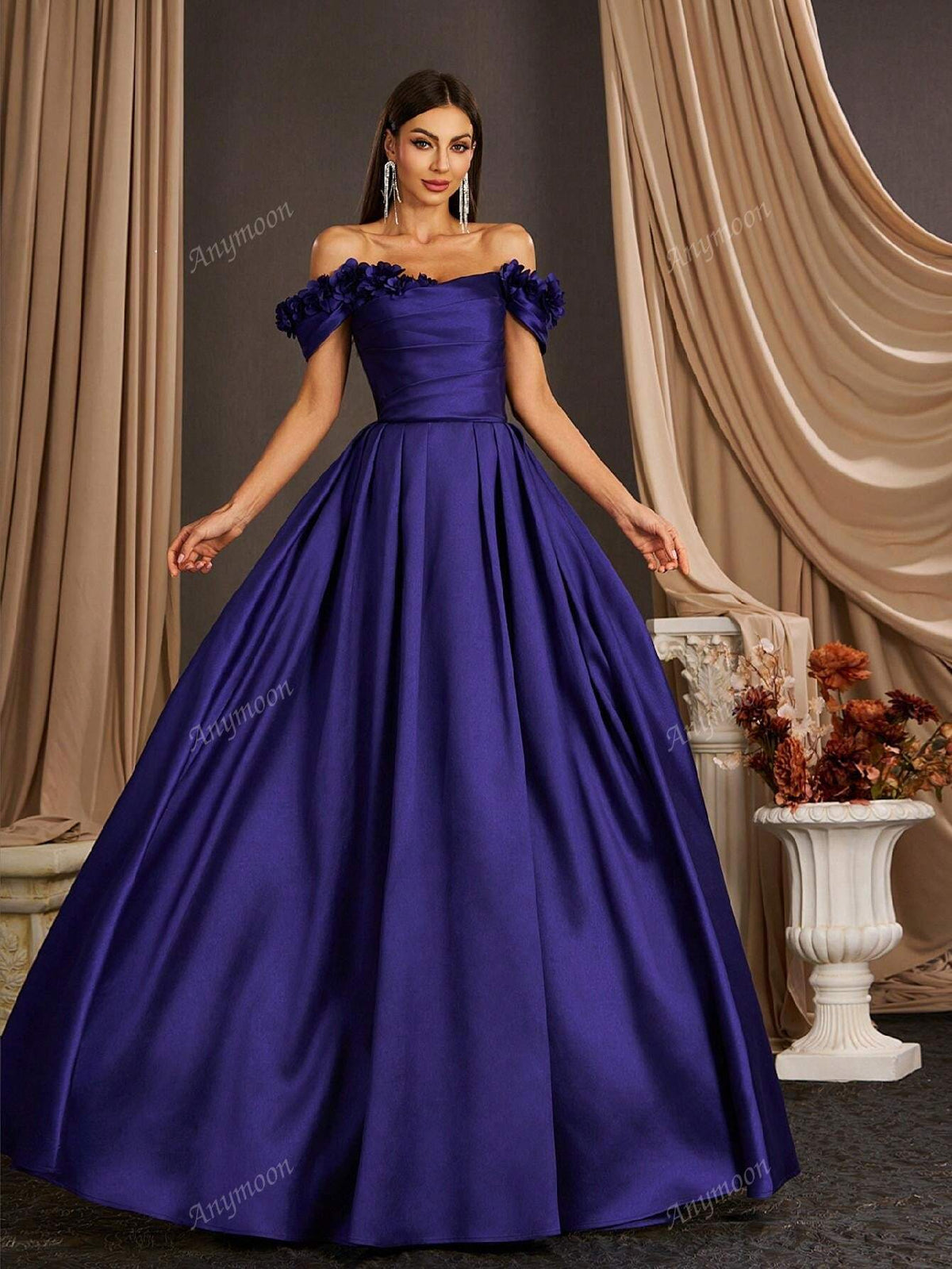 Anymoon Elegant 3D Hand Floral Long Evening Dress ,Suitable For Formal Occasions