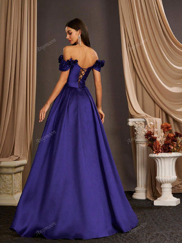 Anymoon Elegant 3D Hand Floral Long Evening Dress ,Suitable For Formal Occasions