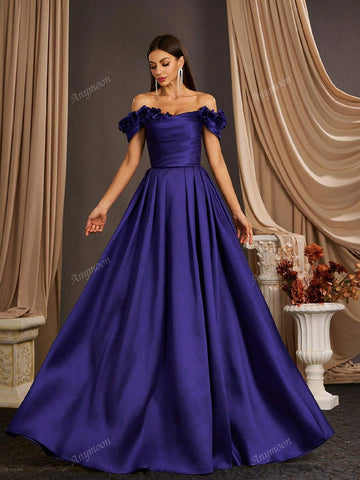 Anymoon Elegant 3D Hand Floral Long Evening Dress ,Suitable For Formal Occasions