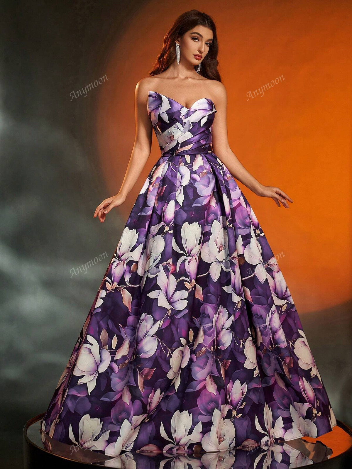 Anymoon Elegant Asymmetric Pleated Floral Print Evening Gown