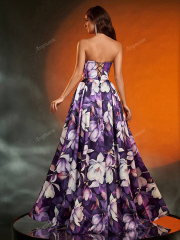 Anymoon Elegant Asymmetric Pleated Floral Print Evening Gown