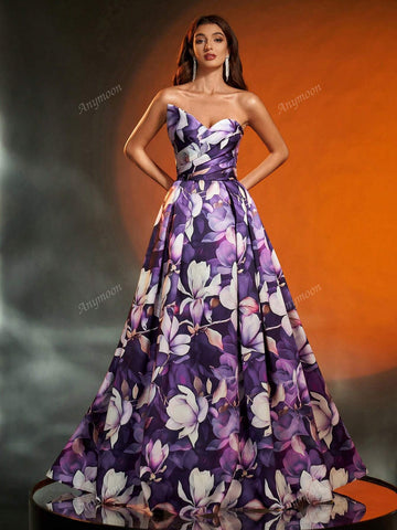 Anymoon Elegant Asymmetric Pleated Floral Print Evening Gown