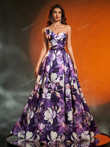 Anymoon Elegant Asymmetric Pleated Floral Print Evening Gown
