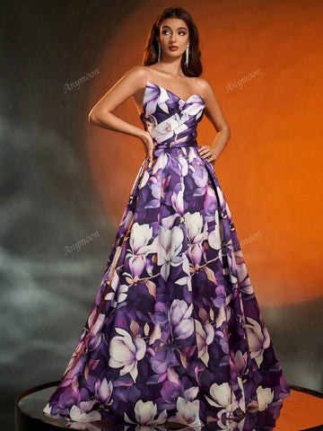 Anymoon Elegant Asymmetric Pleated Floral Print Evening Gown