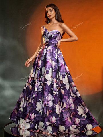 Anymoon Elegant Asymmetric Pleated Floral Print Evening Gown