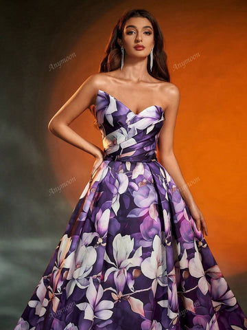 Anymoon Elegant Asymmetric Pleated Floral Print Evening Gown