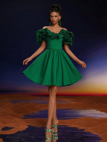 Anymoon Elegant Off-Shoulder Ruffle Hem Ball Gown Dress