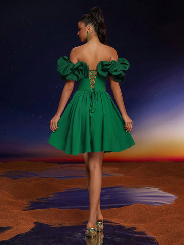 Anymoon Elegant Off-Shoulder Ruffle Hem Ball Gown Dress