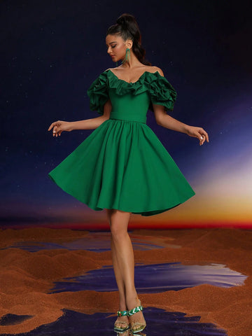 Anymoon Elegant Off-Shoulder Ruffle Hem Ball Gown Dress