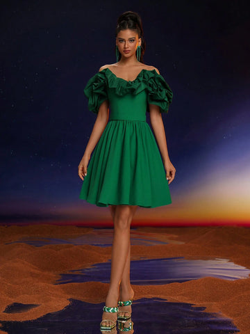 Anymoon Elegant Off-Shoulder Ruffle Hem Ball Gown Dress