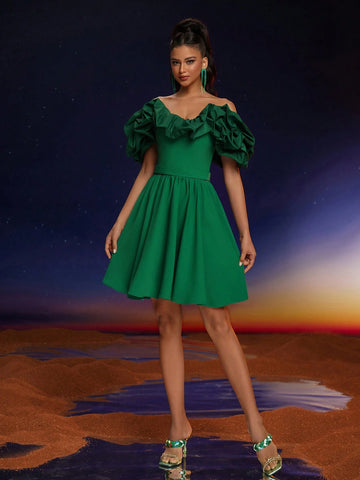 Anymoon Elegant Off-Shoulder Ruffle Hem Ball Gown Dress