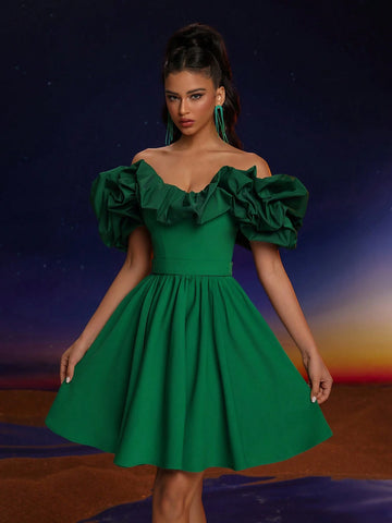 Anymoon Elegant Off-Shoulder Ruffle Hem Ball Gown Dress