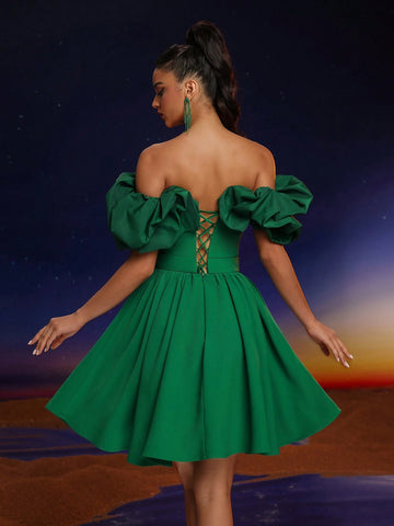 Anymoon Elegant Off-Shoulder Ruffle Hem Ball Gown Dress