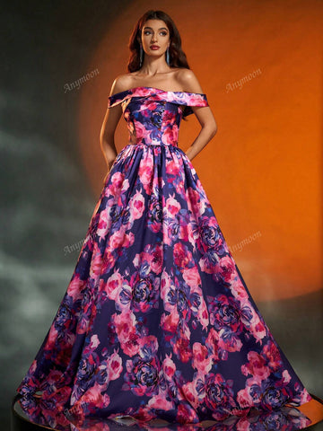 Anymoon Off-Shoulder Ruched Floral Print Long Formal Evening Gown