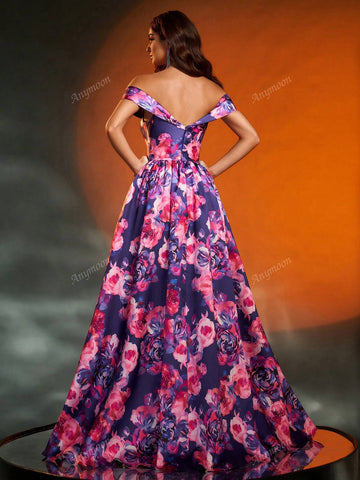 Anymoon Off-Shoulder Ruched Floral Print Long Formal Evening Gown