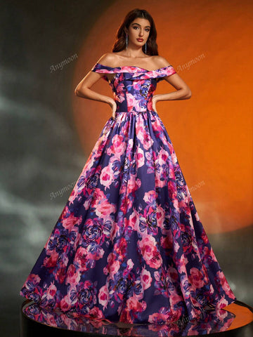 Anymoon Off-Shoulder Ruched Floral Print Long Formal Evening Gown