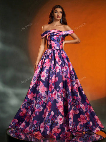 Anymoon Off-Shoulder Ruched Floral Print Long Formal Evening Gown