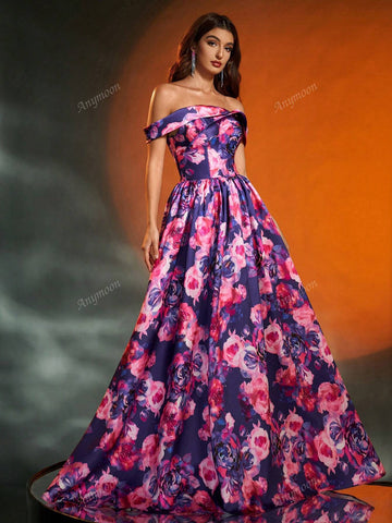 Anymoon Off-Shoulder Ruched Floral Print Long Formal Evening Gown