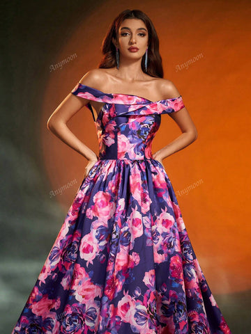 Anymoon Off-Shoulder Ruched Floral Print Long Formal Evening Gown
