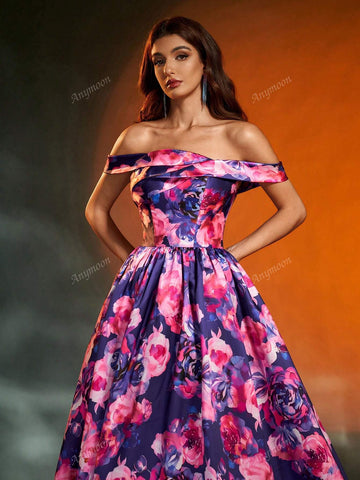 Anymoon Off-Shoulder Ruched Floral Print Long Formal Evening Gown