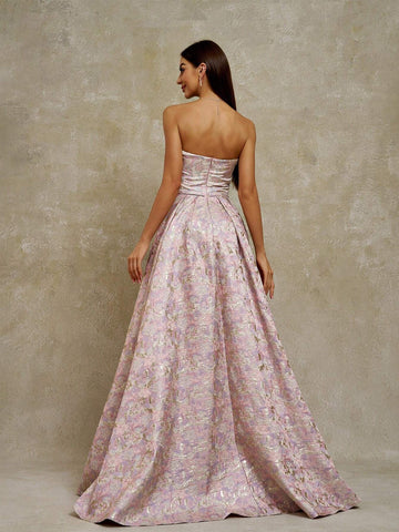 Anymoon Off Shoulder Ruffle Embossed Evening Dress