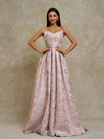 Anymoon Off Shoulder Ruffle Embossed Evening Dress