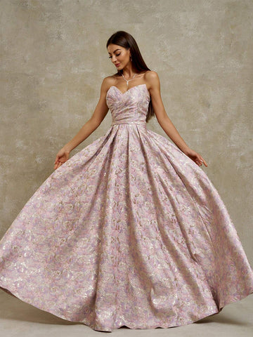 Anymoon Off Shoulder Ruffle Embossed Evening Dress